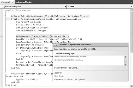 Very large values can cause the application to crash and display this error message.