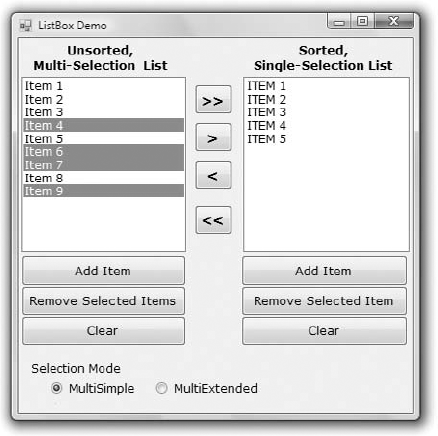 ListBox Demo demonstrates most of the operations you'll perform with ListBoxes.