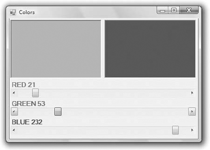 The Colors application demonstrates the use of the ScrollBar control.