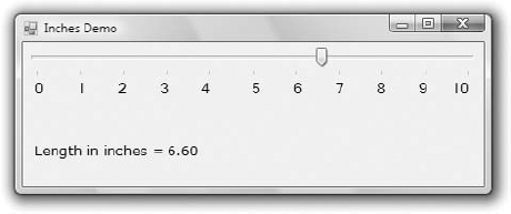 The Inches application demonstrates the use of the TrackBar control in specifying an exact value in a specific range.