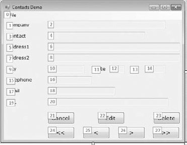 Setting the tab order of the controls on the main form of the Contacts project