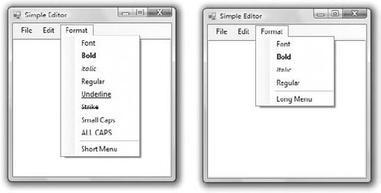 The two versions of the Format menu of the LongMenu application