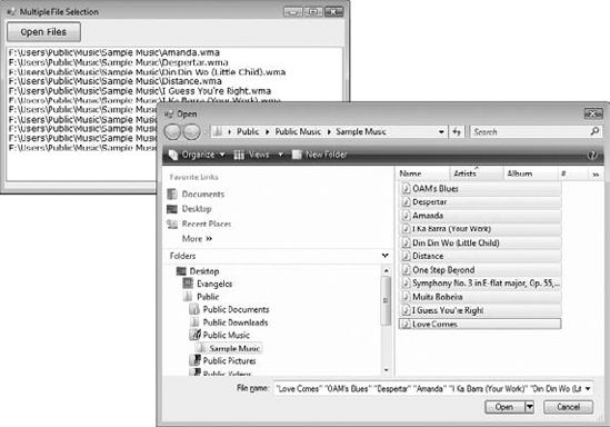 The MultipleFiles project lets the user select multiple files in the Open dialog box.