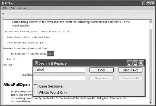 The Search & Replace dialog box of the RTFPad application