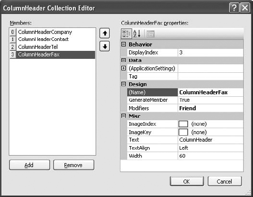 The ColumnHeader Collection Editor dialog box