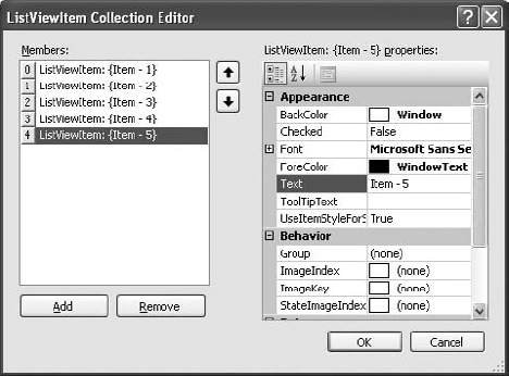 The ListViewItem Collection Editor dialog box