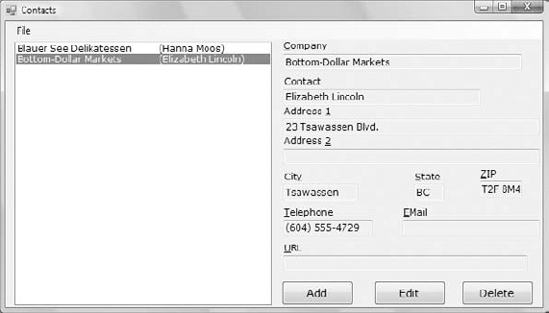 The interface of the Contacts application based on the ListBox control