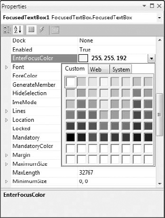 Custom properties of the FocusedTextBox control in the Properties window