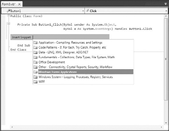 The code snippets organized according to their function