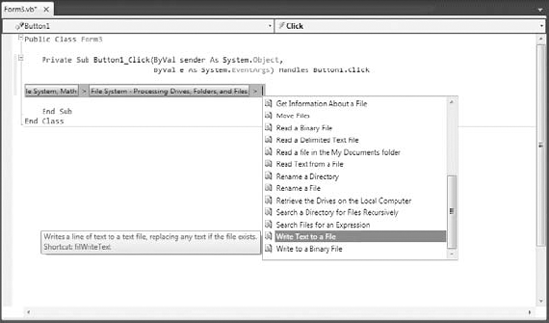 Selecting a code snippet to insert in your code