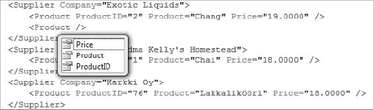 Editing an XML document in Visual Studio. The IntelliSense box is populated with the aid of the current schema.