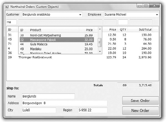 Selecting a product by name in the NWOrders application