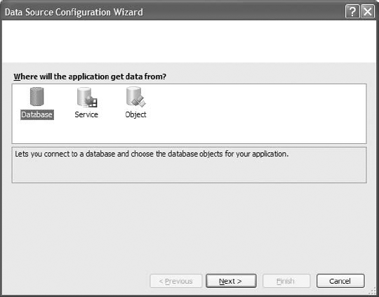 Choosing the data source type in the Data Source Configuration Wizard