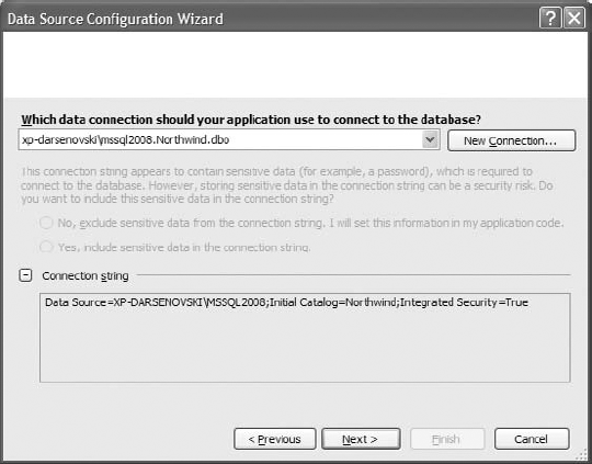 Choosing your data connection in the Data Source Configuration Wizard