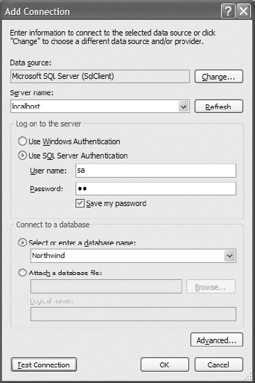 Using the Add Connection dialog box to specify a new connection to the Northwind database