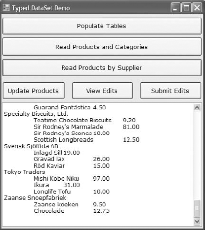 Form1 of the DataSetOperations project demonstrates the basic operations on a typed DataSet.