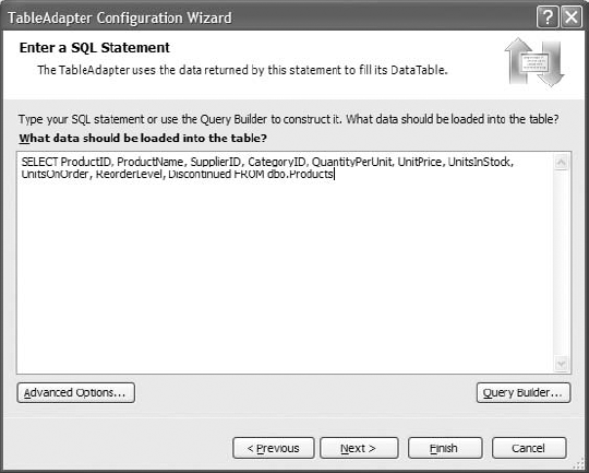 Editing the SELECT statement that populates the Products DataTable with the TableAdapter Configuration Wizard