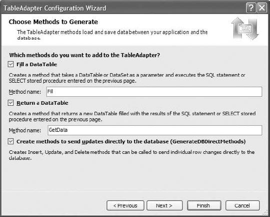 Selecting the methods to be generated by the TableAdapter Configuration Wizard