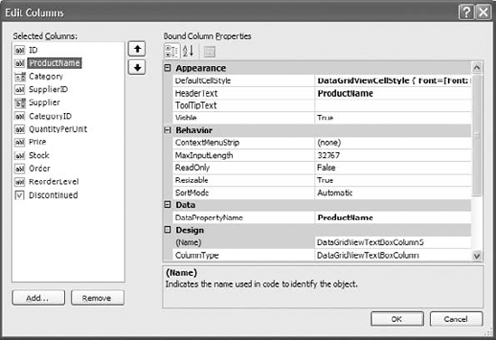 Use the Edit Columns dialog box to customize the appearance of the DataGridView control.