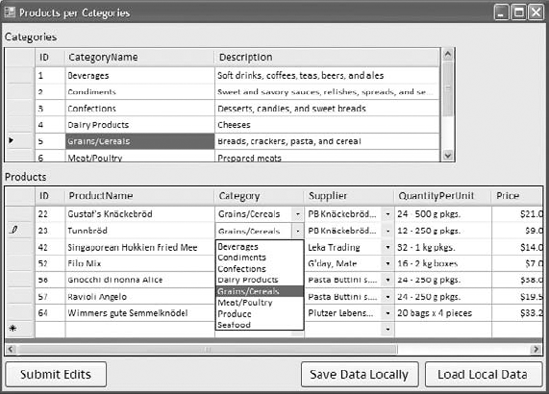 Displaying product categories and suppliers in a ComboBox control on the DataGridView control