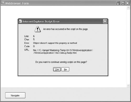 Script Error dialog window displayed by the WebBrowser control