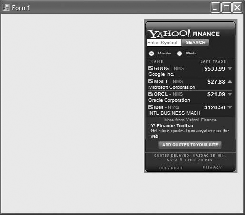 Windows form with embedded Yahoo! Finance badge