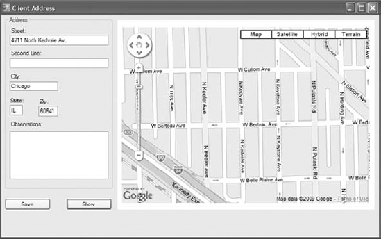 Address visualization form showing the address on the map