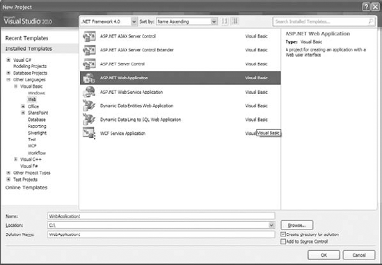 Choosing an ASP.NET web application from the New Project dialog box