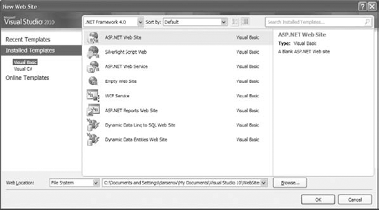 Choosing an ASP.NET website from the New Web Site dialog box