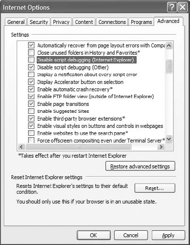 Enabling script debugging in Internet Explorer