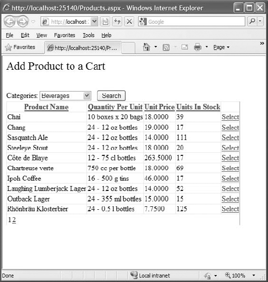 Main product selection web form Products.aspx