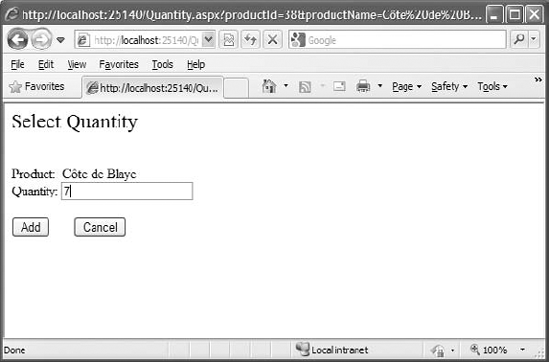 The Quantity.aspx product quantity entry web form