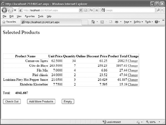 The Cart.aspx web form