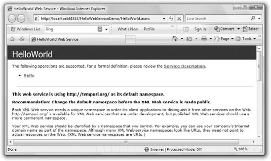 HelloWorld web service in Internet Explorer