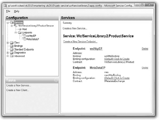 The Configuration Editor's window allows you to configure the parameters of a WCF service.