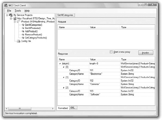 Testing the methods of the new WCF service in the WCF Test Client utility