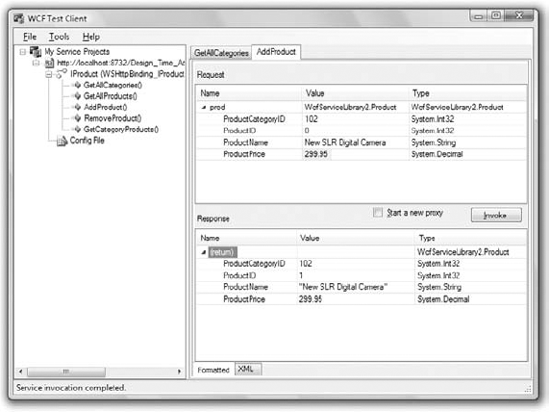 Submitting a new product to the ProductService service through the WCF Test Client