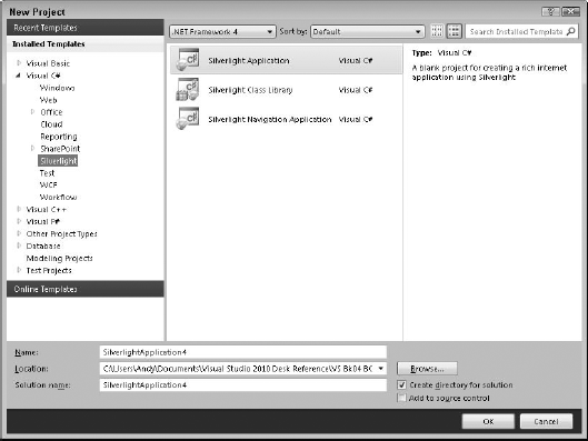 The New Project dialog contains the Silverlight project templates.
