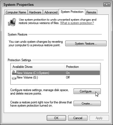Click the Configure button to find System Restore setup options; click the Create button to create a restore point.