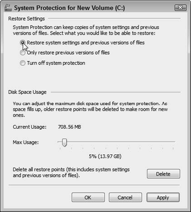 You set options for System Restore in this dialog box.