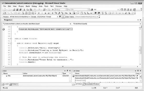 Control passes to the MyOtherObject constructor before heading into the MyObject constructor.