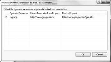 The Promote Dynamic Parameters to Web Test Parameters dialog box.