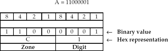 Binary representation of a single byte representing the letter A.