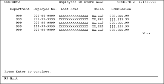 Subfile display of employee records for the specified store.