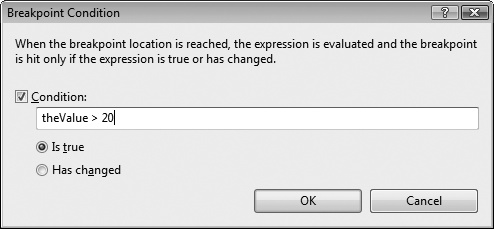 The Breakpoint Condition dialog is more open-ended, offering greater flexibility in your breakpoints.