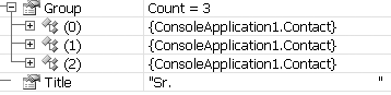 The VB result, which contains a Title property and a Group property that contains three contacts