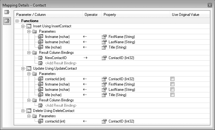 The function mappings for Contact after you’ve finished mapping the stored procedures functions