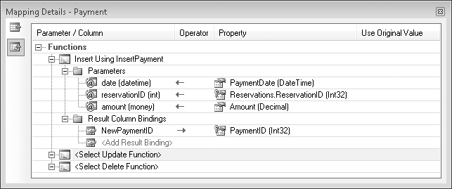 Mapping the input parameters and the results of the InsertPayment stored procedure to properties in the Payment entity