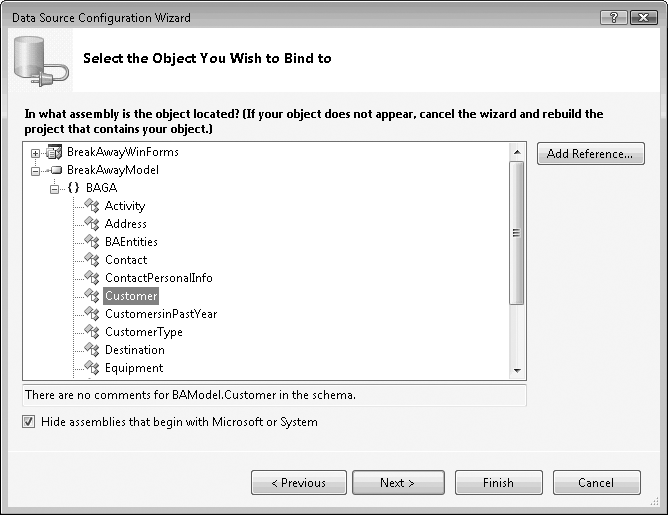 The classes from your model, available for creating a data source