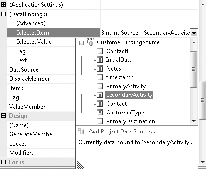 Binding the ComboBox selection using SelectedItem, which is available in the ComboBox Properties window